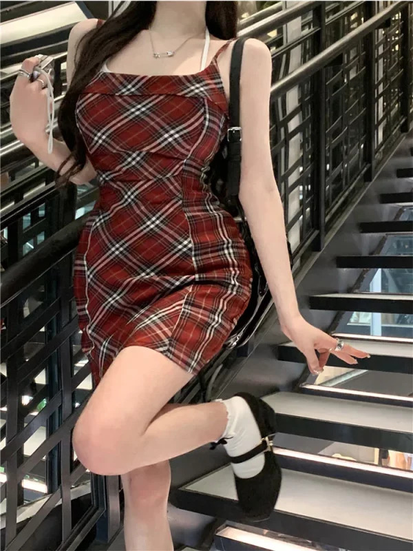 Y2K Plaid Spaghetti Strap Mini Dress - Vintage Summer Outfit for Women