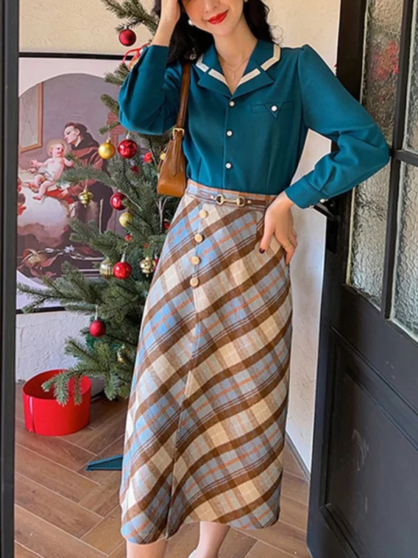 Y2K Plaid Split Midi A-line Skirt - Vintage Fairycore Fashion