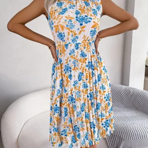 Y2K Pleated Floral Midi Dress - Sleeveless, Hollow Out, Casual Beach A-line Summer Fashion