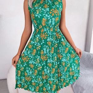 Y2K Pleated Floral Midi Dress - Sleeveless, Hollow Out, Casual Beach A-line Summer Fashion