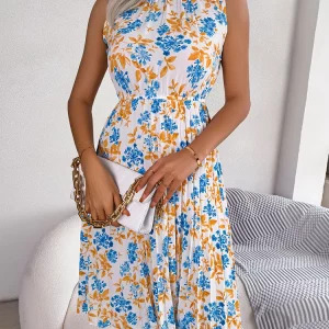 Y2K Pleated Floral Midi Dress - Sleeveless, Hollow Out, Casual Beach A-line Summer Fashion