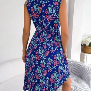 Y2K Pleated Floral Midi Dress - Sleeveless, Hollow Out, Casual Beach A-line Summer Fashion