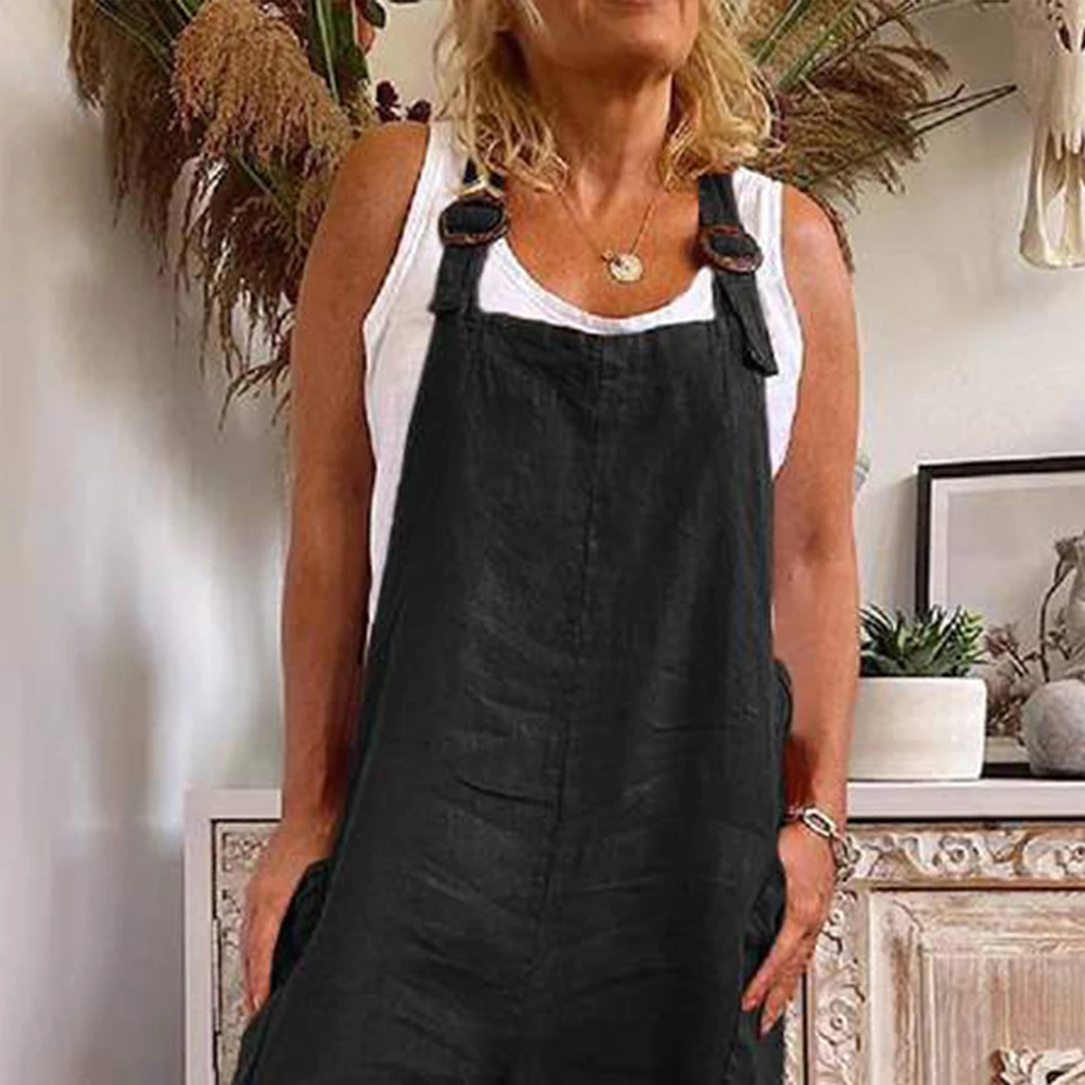 Y2K Plus Size Adjustable Suspenders Jumpsuit - Casual Square Neck Sleeveless One-Piece with Pockets