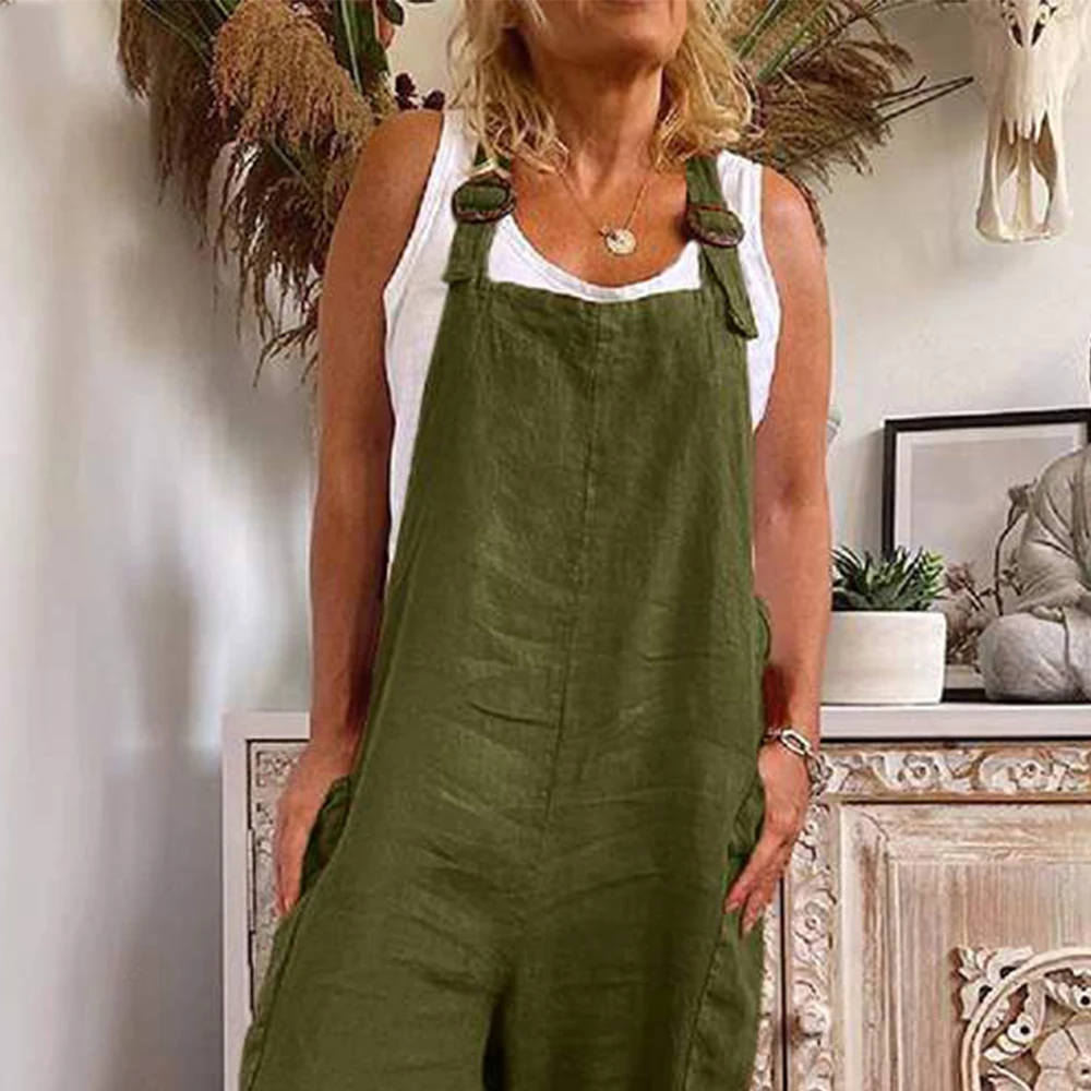 Y2K Plus Size Adjustable Suspenders Jumpsuit - Casual Square Neck Sleeveless One-Piece with Pockets