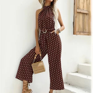 Y2K Polka Dot Halter Jumpsuit - Retro 90s Fashion, Summer Casual Wide-Leg Romper with Belt