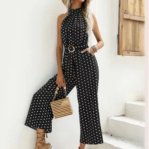 Y2K Polka Dot Halter Jumpsuit - Retro 90s Fashion, Summer Casual Wide-Leg Romper with Belt