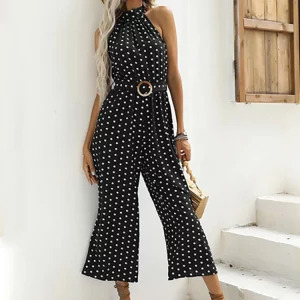 Y2K Polka Dot Halter Jumpsuit - Retro 90s Fashion, Summer Casual Wide-Leg Romper with Belt