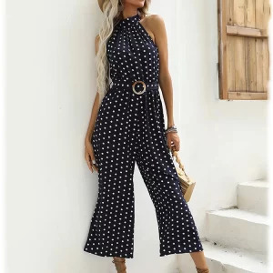 Y2K Polka Dot Halter Jumpsuit - Retro 90s Fashion, Summer Casual Wide-Leg Romper with Belt