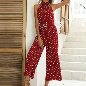 Y2K Polka Dot Halter Jumpsuit - Retro 90s Fashion, Summer Casual Wide-Leg Romper with Belt