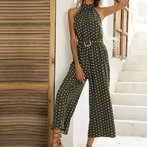 Y2K Polka Dot Halter Jumpsuit - Retro 90s Fashion, Summer Casual Wide-Leg Romper with Belt