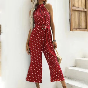 Y2K Polka Dot Halter Jumpsuit - Retro 90s Fashion, Summer Casual Wide-Leg Romper with Belt