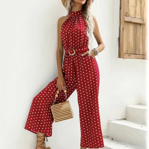 Y2K Polka Dot Halter Jumpsuit - Retro 90s Fashion, Summer Casual Wide-Leg Romper with Belt