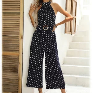 Y2K Polka Dot Halter Jumpsuit - Retro 90s Fashion, Summer Casual Wide-Leg Romper with Belt