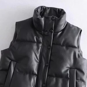 Y2K PU Leather Coat Women Black Stand Collar Zipper Vest - Retro 90s Grunge Fashion