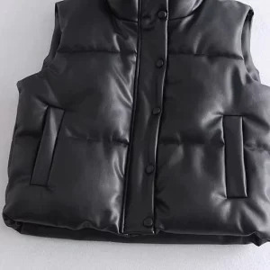 Y2K PU Leather Coat Women Black Stand Collar Zipper Vest - Retro 90s Grunge Fashion