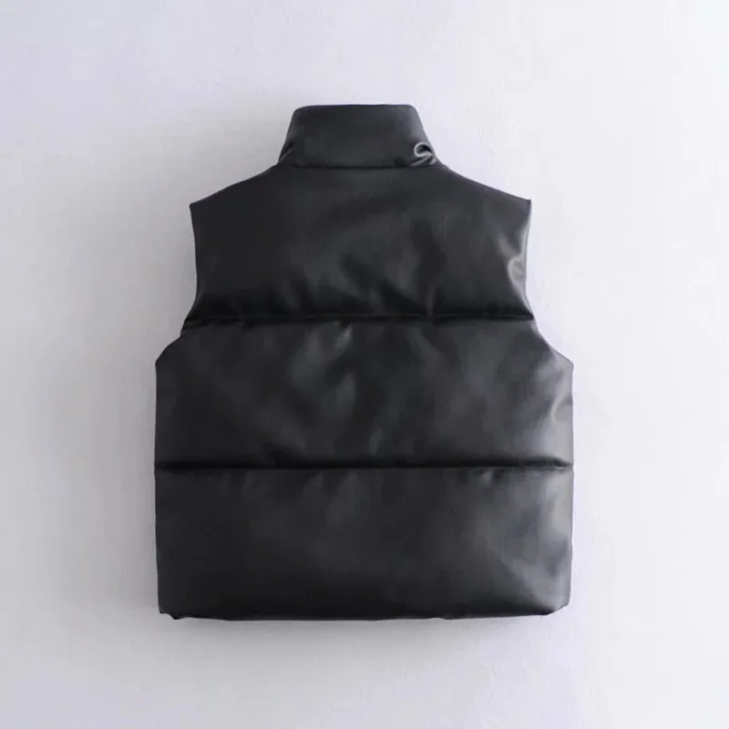 Y2K PU Leather Coat Women Black Stand Collar Zipper Vest - Retro 90s Grunge Fashion