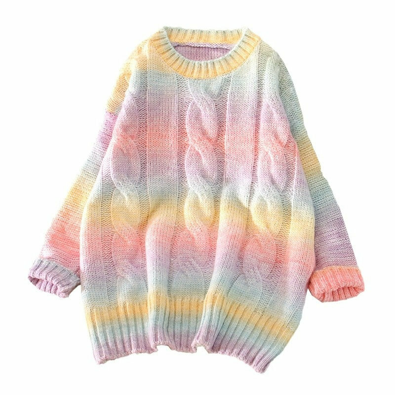 Y2K Rainbow Knitted Pullover | Oversized Striped Sweater | Loose Knit Sweater | Free Shipping