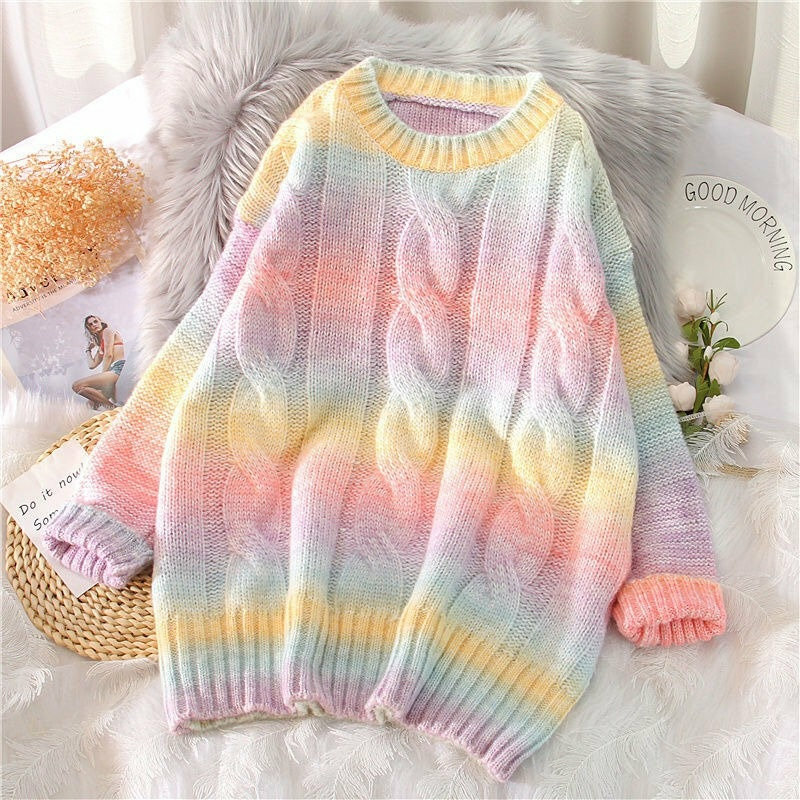 Y2K Rainbow Knitted Pullover | Oversized Striped Sweater | Loose Knit Sweater | Free Shipping