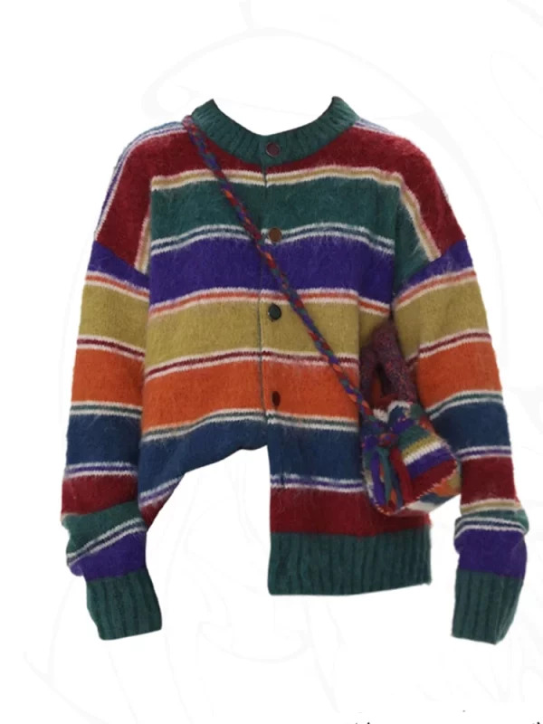 Y2K Rainbow Striped Cardigan - Vintage Aesthetic Knitwear for Women