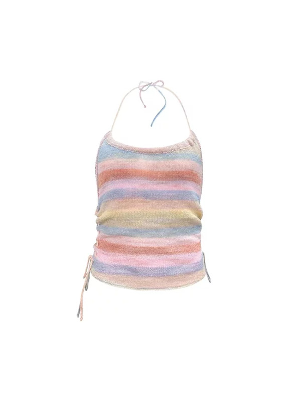 Y2K Rainbow Striped Halter Top - Summer Kawaii Gyaru Knit Camisole