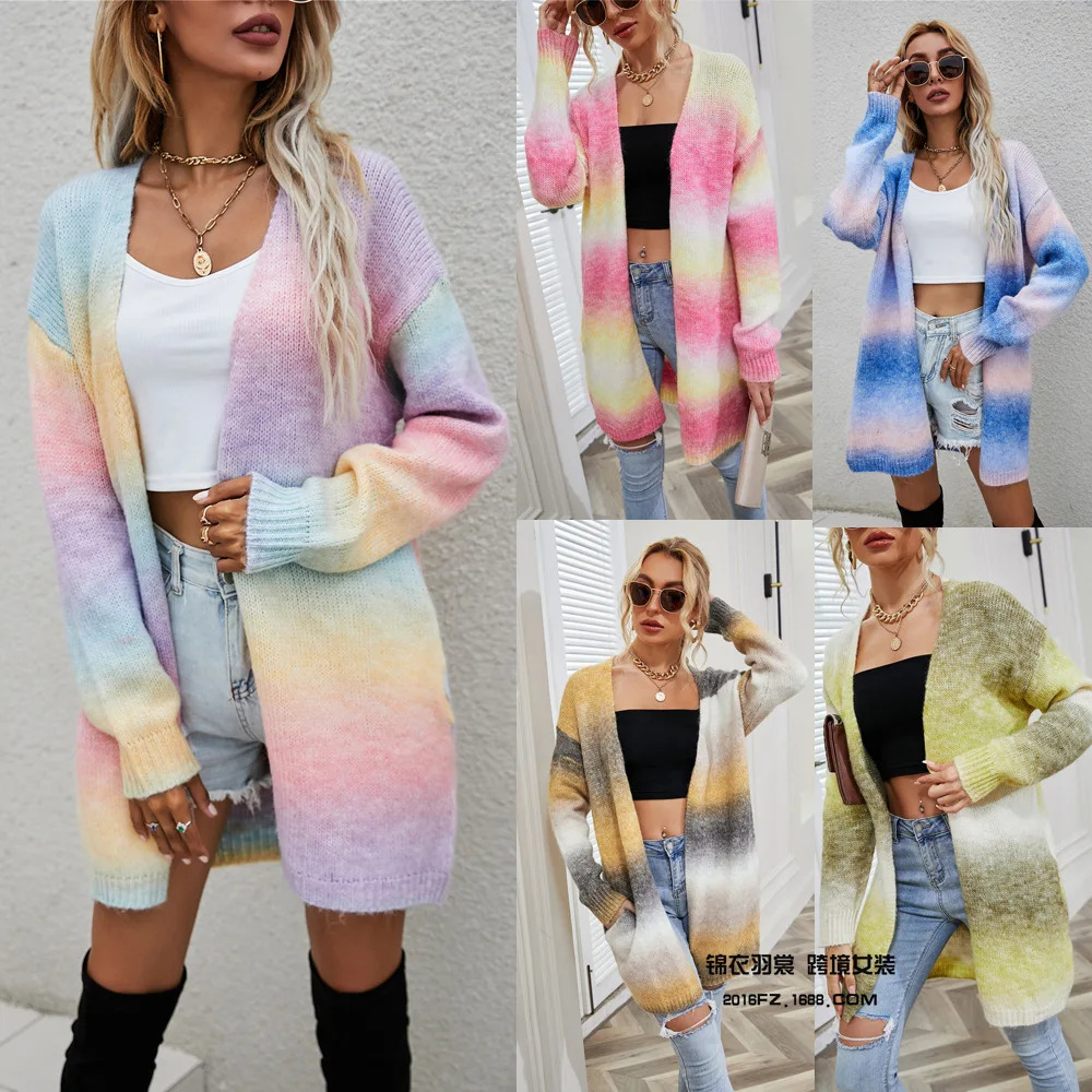 Y2K Rainbow Tie-Dyed Sweater Jacket - Loose Knit Cardigan with Pockets, Retro 90s Fashion