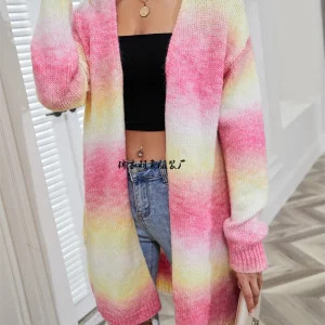 Y2K Rainbow Tie-Dyed Sweater Jacket - Loose Knit Cardigan with Pockets, Retro 90s Fashion