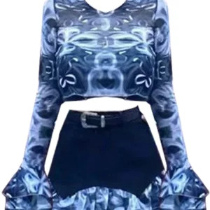 Y2K Rave Night Club Outfit Set - Tie Dye Crop Top and High Waist Mini Skirt