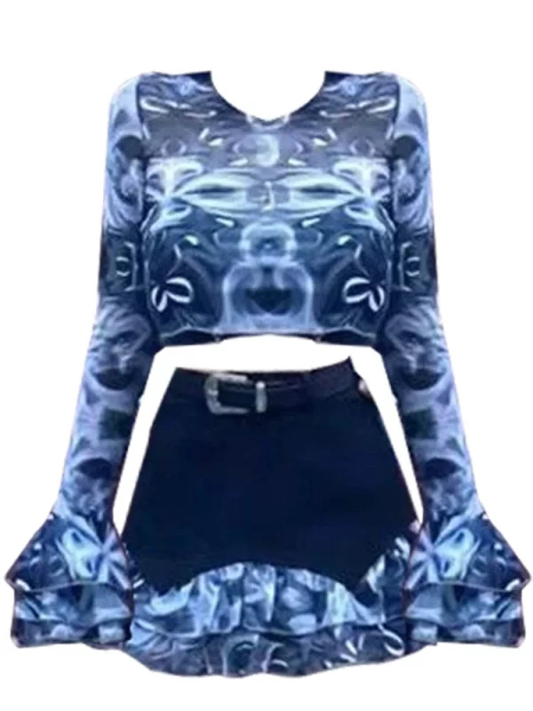 Y2K Rave Night Club Outfit Set - Tie Dye Crop Top and High Waist Mini Skirt