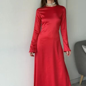 Y2K Red Satin Maxi Dress - Long Sleeve, Lace-Up Back, Elegant Evening & Party Outfit