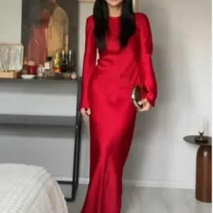 Y2K Red Satin Maxi Dress - Long Sleeve, Lace-Up Back, Elegant Evening & Party Outfit