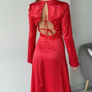 Y2K Red Satin Maxi Dress - Long Sleeve, Lace-Up Back, Elegant Evening & Party Outfit