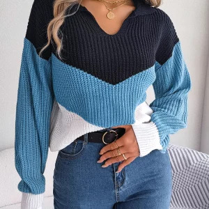 Y2K Retro Color Contrast Sweater - Casual Knitted V-Neck Long Sleeve Pullover for Women