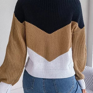 Y2K Retro Color Contrast Sweater - Casual Knitted V-Neck Long Sleeve Pullover for Women