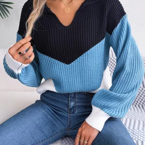 Y2K Retro Color Contrast Sweater - Casual Knitted V-Neck Long Sleeve Pullover for Women