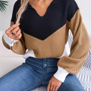 Y2K Retro Color Contrast Sweater - Casual Knitted V-Neck Long Sleeve Pullover for Women