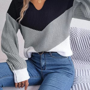 Y2K Retro Color Contrast Sweater - Casual Knitted V-Neck Long Sleeve Pullover for Women