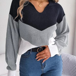 Y2K Retro Color Contrast Sweater - Casual Knitted V-Neck Long Sleeve Pullover for Women