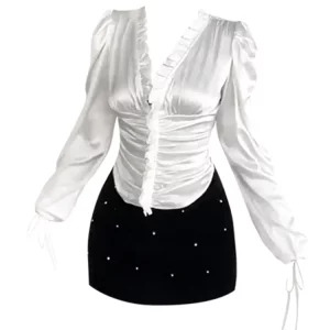 Y2K Retro Rave Luxury Ballet Core 2-Piece Set: Vintage V-Neck Blouse + Pearl Hip