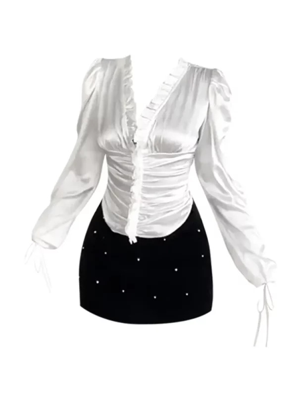 Y2K Retro Rave Luxury Ballet Core 2-Piece Set: Vintage V-Neck Blouse + Pearl Hip