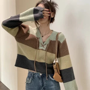 Y2K Retro Striped Jumper: Long Sleeve Loose Cropped Sweater for Women