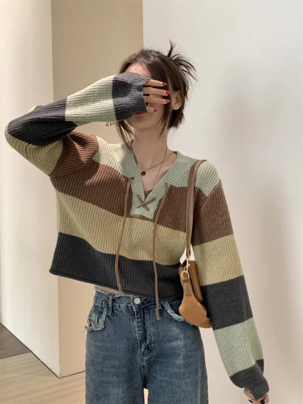 Y2K Retro Striped Jumper: Long Sleeve Loose Cropped Sweater for Women