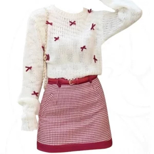 Y2K Retro Style 2-Piece Set: Bow Cropped Sweater & Plaid Mini Skirt