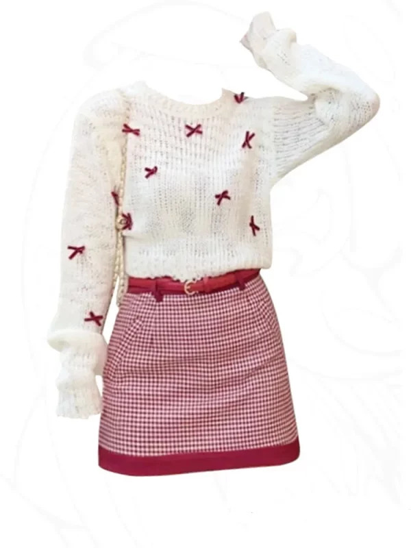 Y2K Retro Style 2-Piece Set: Bow Cropped Sweater & Plaid Mini Skirt