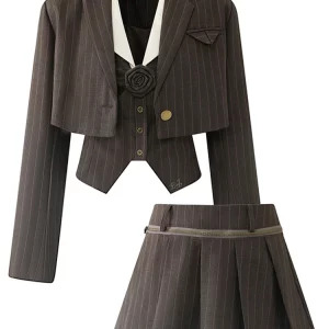 Y2K Retro Style 3-Piece Set: Cropped Blazer, Design Vest, High Waist Pleated Skirt