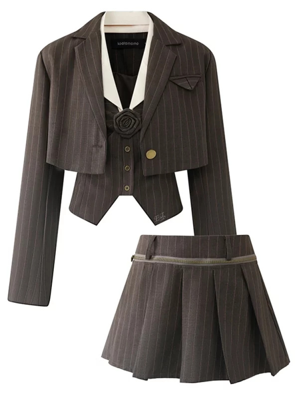 Y2K Retro Style 3-Piece Set: Cropped Blazer, Design Vest, High Waist Pleated Skirt