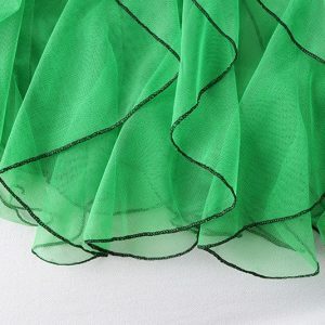 Y2K Ruffle Tulle Skirt, High Waist Mesh Midi, Casual Pleated Tutu, Green Beige, Chic