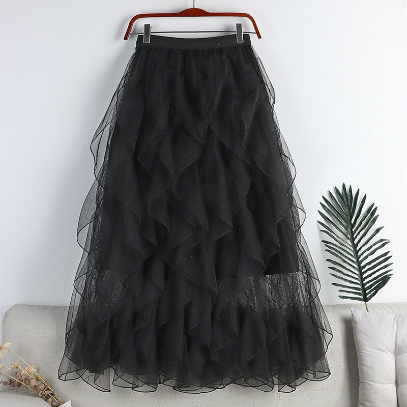 Y2K Ruffle Tulle Skirt, High Waist Mesh Midi, Casual Pleated Tutu, Green Beige, Chic