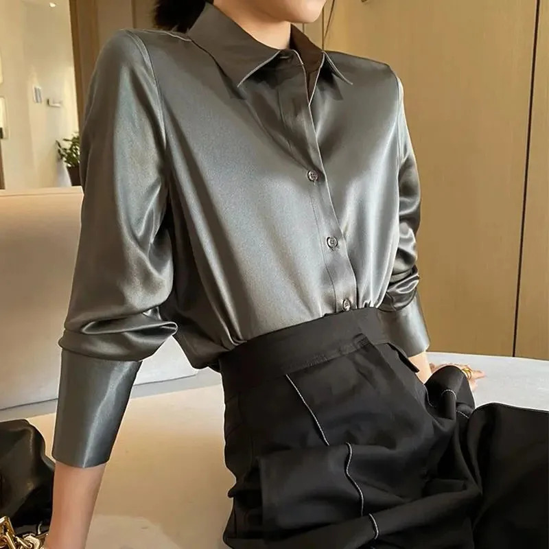 Y2K Satin Blouse - High Quality Korean Fake Silk, Long Sleeve Turndown Collar, Retro 90s Fashion Office Work