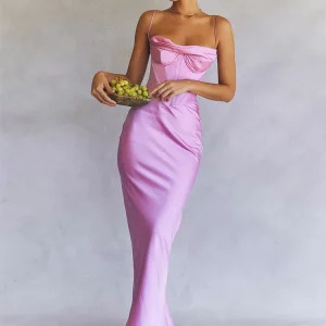 Y2K Satin Maxi Bodycon Dress - Sexy Pink Corset Party Outfit, Summer Wedding Guest, 90s Fashion