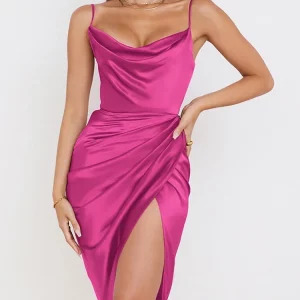 Y2K Satin Midi Dress - Ruched Cowl Neck, Split, Adjustable Straps, Asymmetrical Zipper Party Dress